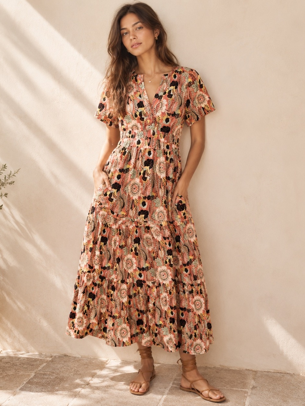 Anthropologie Maeve Floral Tiered Prairie Midi Dress 100% Cotton Boho XS P - Picture 5 of 10